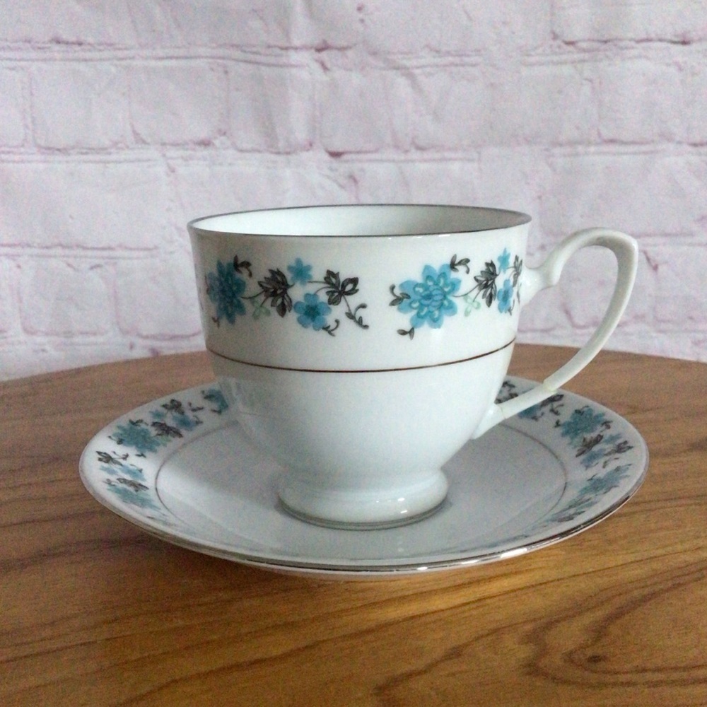 Vintage Blue Floral Footed Cup and Saucer Set